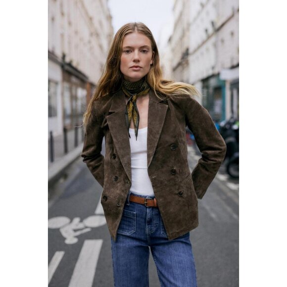 ZARA 100% LEATHER DOUBLE-BREASTED BLAZER - Picture 3 of 7